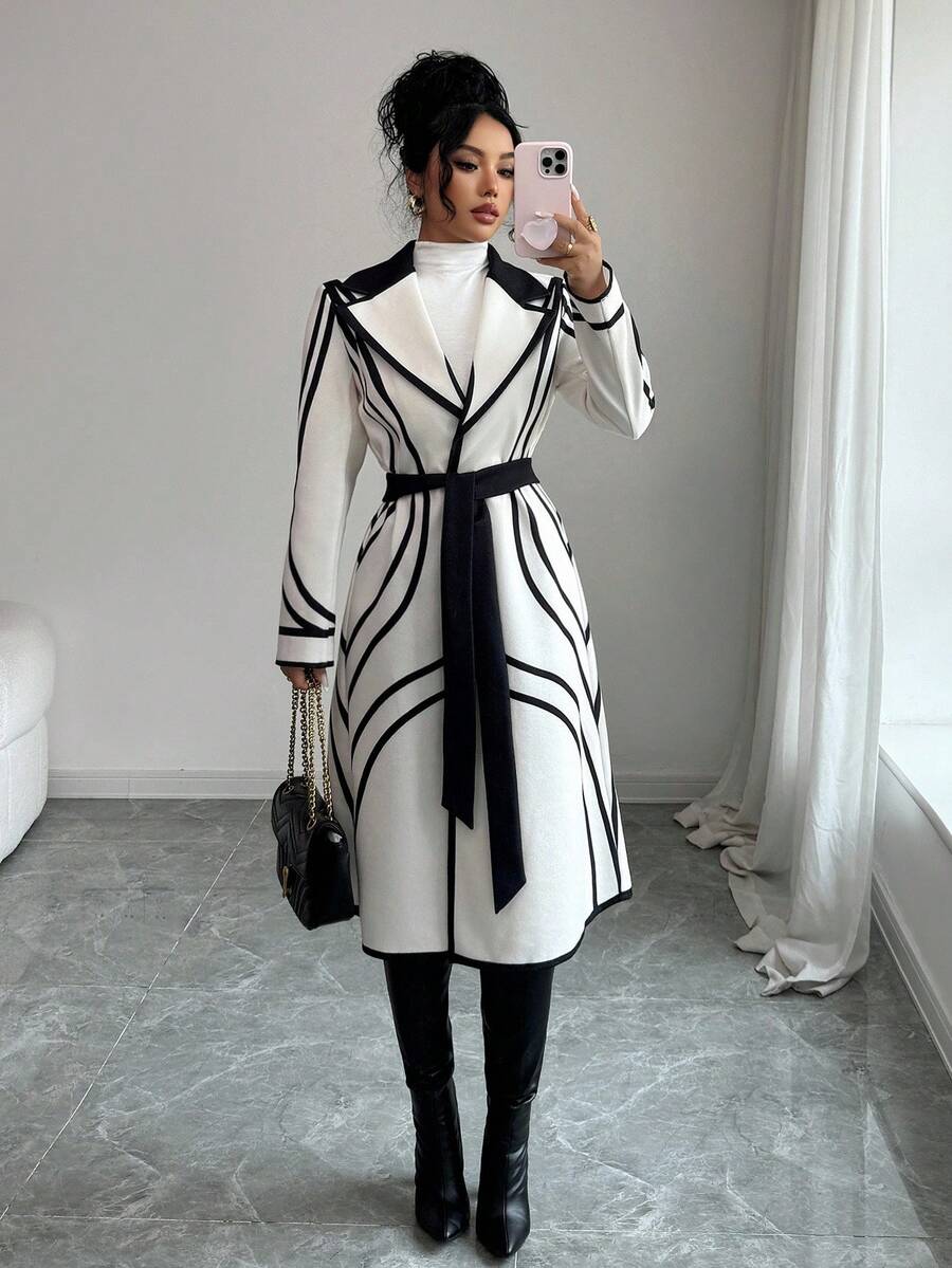 SHEIN Elenzya 优雅奢华复古线条印花高端撞色拼接女式大衣,适合派对 - 彩色 - 查看 1