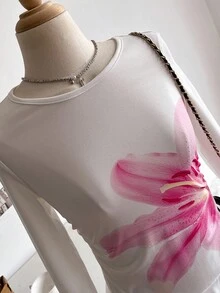 Sweetra Young Tween Girls' Spring/Summer/Autumn Casual Fashion New Knit Dress, White Solid Color Front With Pink Floral Pattern, Long Sleeve Round Neck, Double-Layer Hem Design, Suitable For Older Girls, Sweet Lady-Like Casual Style For School, Daily Wear, Vacation, Party, Photo Shoot