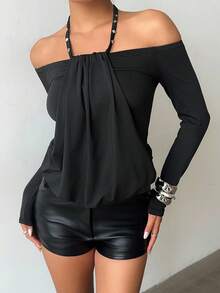 Aloruh Women's Fashion Commuter Rivet Decor Cold Shoulder Halter Top, Fall Autumn Back To School Homecoming Rave Festival Country Concert Ibiza - Black - View 3