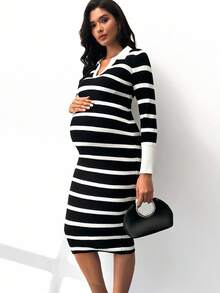 MaterniWear Pregnant Women's Casual Commuting Black & White Striped V-Neck Fitted Sweater Dress, Autumn/Winter  Winter Dress Elegant Dresses For Women  Black Dress   Winter - Black and White - View 7
