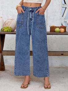 EMERY ROSE Women's Casual Low Waist Pink Cropped Jeans Baggy Jeans Y2k Cowgirl Jeans Barrel Jeans Wide Leg Jeans Woman Loose Jeans - Medium Wash - View 5