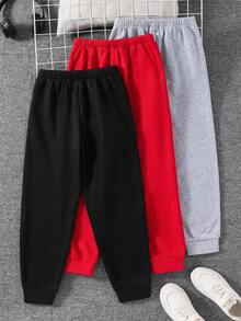 SHEIN 3件組兒童/青少年男孩休閒學院字母印花抽繩腰鬆寬針織運動長褲，3色冬季款 - 彩色 - 查看 2