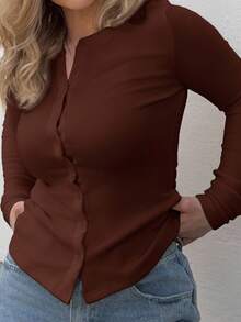 Jeta Ari 罗纹纽扣长袖圆领上衣可爱度假优雅机场假日返校秋季秋季冬季 - 棕色 - 查看 3