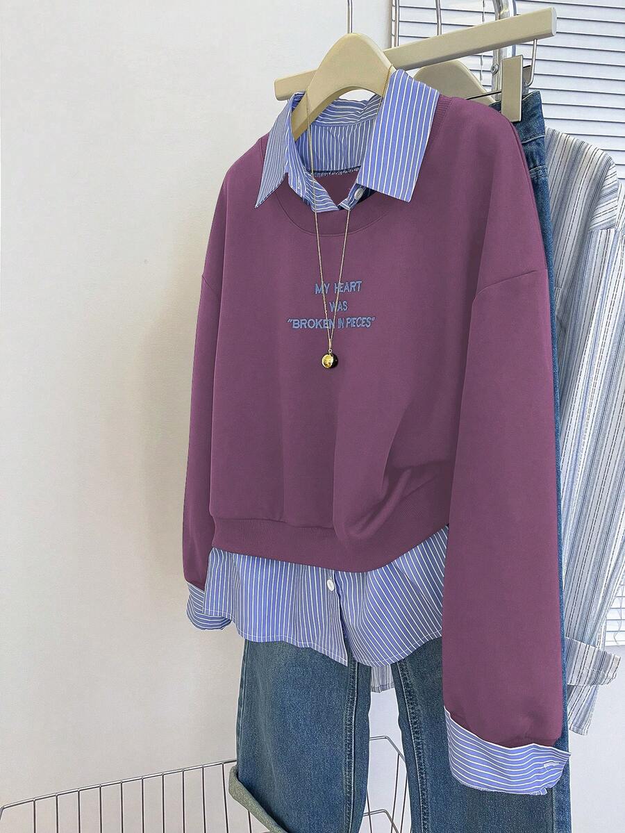 INAWLY Women's Casual Striped Patchwork Slogan Embroidered Sweatshirt, Autumn - Purple - View 1