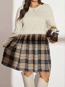 Zelara 加大码格子印花圆领优雅长袖连衣裙必备品、感恩节、日常休闲、秋季连衣裙、奶油色多色撞色格子长袖连衣裙、乡村休闲节日装扮节日派对连衣裙加大码 - 杏色 - 查看 3