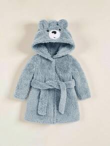 SHEIN Baby Boy Cartoon Embroidery 3D Ear Design Hooded Belted Teddy Sleep Robe - Blue - View 5