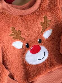 Playful Pals 幼儿男童可爱棕红色刺绣鹿绒圆领长袖上衣和羊毛裤套装，适合居家、休闲、日常穿着、角色扮演、秋冬 - 橘色 - 查看 8