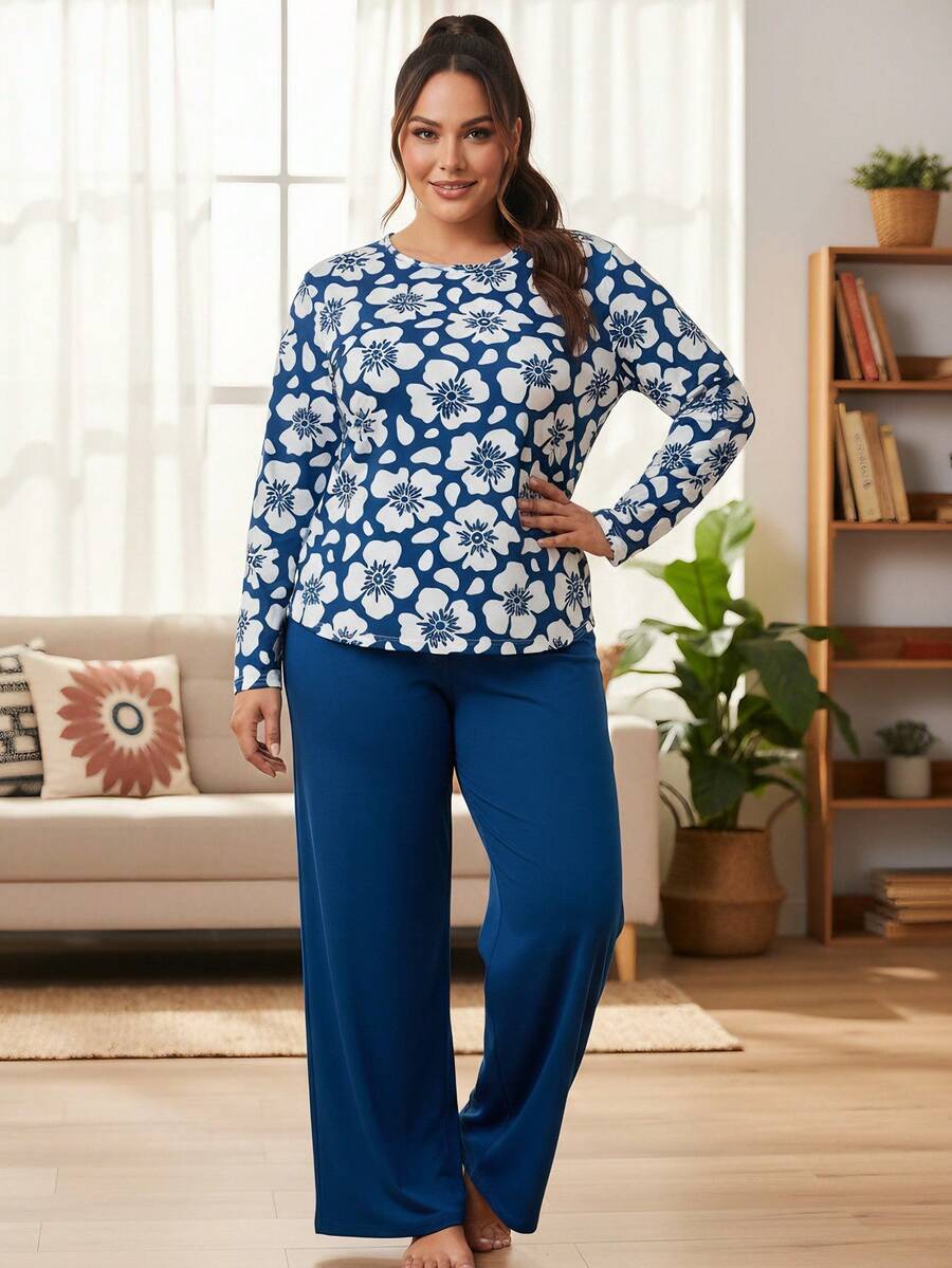 Glamance Whitebread 2pcs/Set Plus Size Women Loose Round Neck T-Shirt And Straight Leg Pants, Autumn Blouse And Pants Set Matching Women Sets Blue And White Outfit Women Blue 2 Pieces Set Women Modest Two Pieces Set - Multicolor - View 1