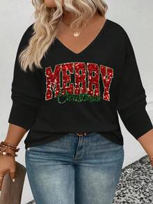 EMERY ROSE Women's New Arrival Christmas Element Pattern V-Neck Long Sleeve Casual Versatile Plus Size T-Shirt, Autumn/Winter - Black - View 6