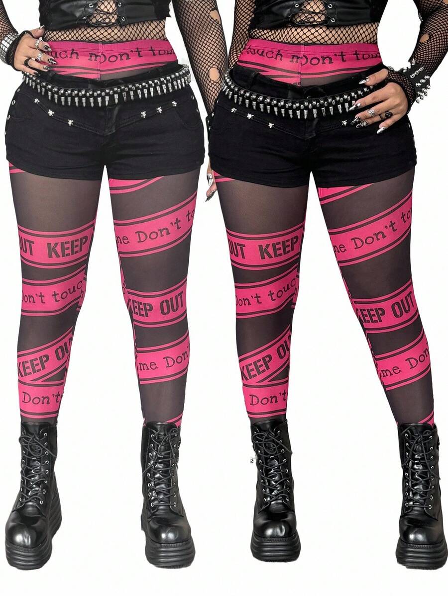 Whyspr Plus Size English Letter Print Patchwork Leggings