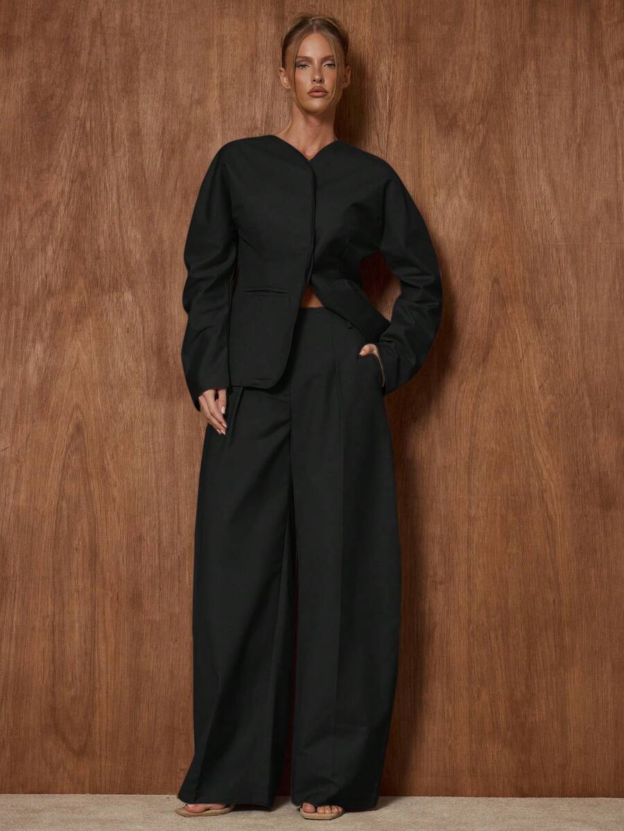 MUSERA 超宽腿褶裥西装裤，适合约会、外出、夜生活、工作、办公室、派对、春季、情人节等各种场合，尽显优雅气质。 - 黑色 - 查看 1