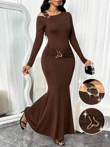 SHEIN Lady Women's Elegant Asymmetric Neckline Fishtail Dress For Party - Rust Brown - View 1