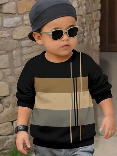 SHEIN Vintage randtryck, unga pojkar Casual randigt lapptäckemönster Lös passform rund hals Bekväm stickad långärmad tröja, lämplig för höst/vinter