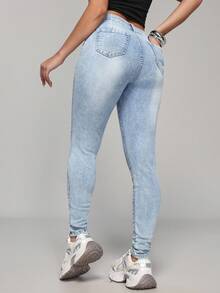 SHEIN Unity Women's Mid-Waist Slim Fit Blue Casual Versatile Denim Jeans - Light Wash - View 2