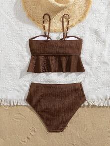 SHEIN Girls Cute Ruffle 2 Pieces Swimsuit Set, Suitable For Beach, Vacation - Brown - View 2