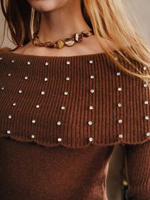 Chiquease Women's Elegant Off-Shoulder Pullover,Rhinestone Long-Sleeved Sweater In Shades Of Brown For Autumn Tea Party,Fall Halloween Party Sweater - Coffee Brown - View 2