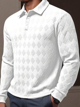 Manfinity Mode Plus Size Men's Geometric Textured Casual/Business Casual Long Sleeve Polo Shirt