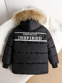Unisex Mid-Long Hooded Winter Jacket With Printed Back, Detachable Hood, Pockets And Zipper, Polyester Outerwear Suitable For Daily Outings, Outdoor And Cold Snowy Weather In Winter - Black - View 2