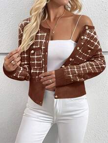 EMERY ROSE 女式格纹金属单排扣休闲针织开衫，秋冬 - 棕色 - 查看 3