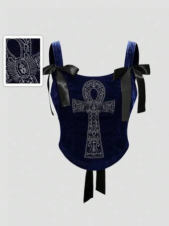 ROMWE Goth Gothic Vintage Palace Ancient Egyptian Ankh Cross Embroidered Bow Tie Back Lace-Up Bustier Crop Top, Women Vest