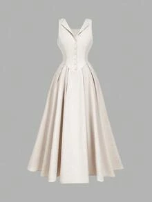 SHEIN MOD 加大码杏色复古翻领纽扣前腰收腰中长连衣裙 - 杏色 - 查看 6