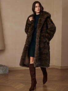 Aveloria Rosie 全新时尚简约百搭奢华修身高端设计女式连帽仿皮草大衣 - 棕色 - 查看 3