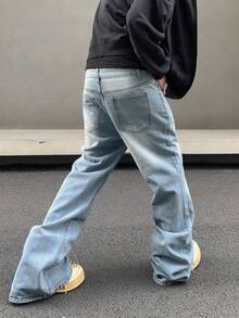 RivetRise 男士純色寬腿牛仔褲，帶傾斜口袋寬鬆長款洗水漸層喇叭牛仔褲，帶口袋淺藍色派對街頭穿搭饒舌歌手風格 - 淺色水洗藍 - 查看 2