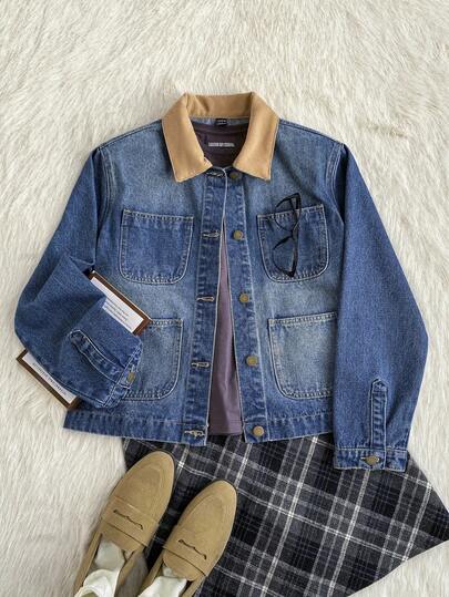 Attitoon Women's Autumn Contrast Color Collar Long Sleeve Multi-Pocket Casual Denim Jacket