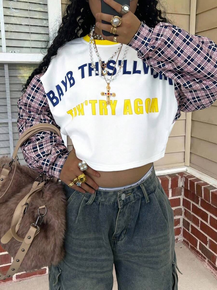 INAWLY Áo crop top dài tay họa tiết kẻ caro và chữ màu đơn giản - Nhiều màu - Xem 1