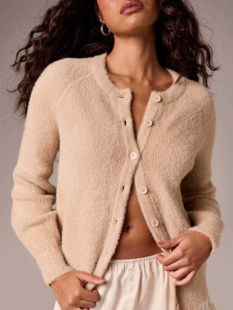 Fuzzy Button Front Cardigan With Round Neck