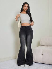 SHEIN Tall Autumn/Winter Women's Casual Versatile Skinny Flare Leg Jeans,Chic Going Out Winter-Warm Fleece-Lined Split-Design Comfortable Mid-Rise Black Flared Jeans