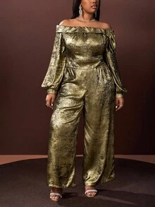 Slaydiva 2025 秋冬大码女装两件套，Y2K 街头风格，斯德哥尔摩时尚，约会夜装，优雅晚会装，性感修身露肩蝴蝶结金色涂层花卉长袖连体裤 - 金色 - 查看 6