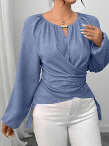 Elenzga 女式串珠裹身式束腰衬衫，秋冬 - 霧霾藍 - 查看 6