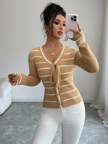SHEIN Elenzya Gestreifter Schleifen-Cardigan für Frauen - Khaki - Übersicht 8