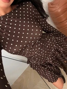 SHEIN EZwear 女士棕色圆点修身迷你连衣裙 - 棕色 - 查看 3