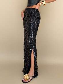 Almamuse 闪亮派对亮片 Y2K 风格百搭女式长裙 - 黑色 - 查看 5