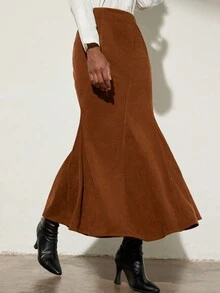 Aveloria Modichic 优雅精致的女装，柔和色调的复古风格，秋冬灯芯绒中长A字裙，精致的垂直拼接设计，修身高腰喇叭裙，配有隐藏式侧拉链，及踝长度，适合休闲、工作、购物和约会等多种场合 - 棕色 - 查看 5