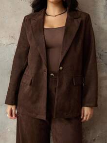 Roveilla Women's 2 Pieces Suit, Deer Velvet Blazer With Lapel, Front Button, Pockets, Long Sleeve, Paired With Loose Wide-Leg Pants, Elegant Office/Casual/Street Style, Autumn/Winter - Chocolate Brown - View 8