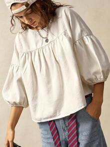 Bohemela 女式宽松绿色泡泡袖度假衬衫 - 杏色 - 查看 2