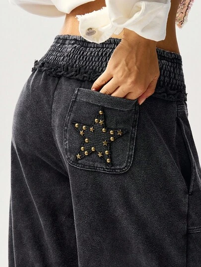 Bohemela Damen Lässig einfarbige Strick Loose Wash Jogginghose