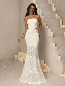 Vowa 优雅、浪漫、时尚、简约、度假风格、米色、刺绣针织面料、两件套、露肩、收腰 A 字裙、美人鱼廓形、网红风格、时尚服装，适合下午茶、派对、婚礼、毕业典礼、鸡尾酒会 - 米色 - 查看 4