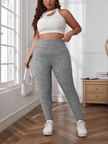 SHEIN LUNE 大码女式纯色高腰休闲紧身裤女式紧身裤灰色紧身裤健身服女式紧身裤 - 灰色 - 查看 3