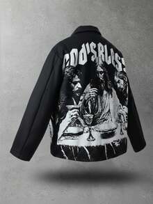 ROMWE MEN Street Life 男士复古宗教肖像印花夹克，适合秋冬季穿着 - 黑色 - 查看 4