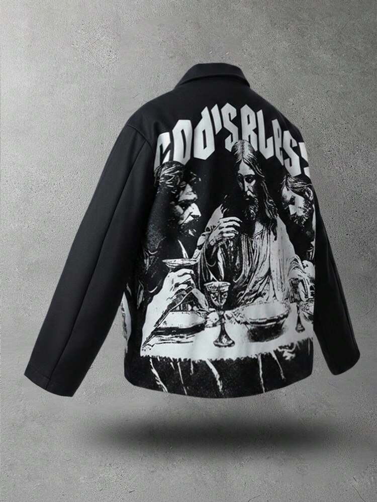 ROMWE MEN Street Life 男士复古宗教肖像印花夹克，适合秋冬季穿着 - 黑色 - 查看 4