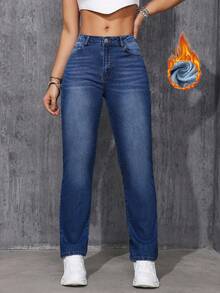 SHEIN ICON 女式口袋保暖内衬宽松喇叭休闲牛仔裤 - 深色水洗藍 - 查看 6