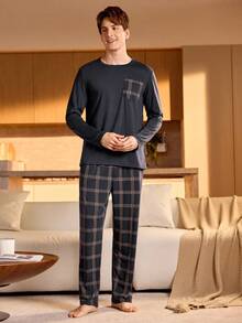 Manfinity Underwear&Sleepwear Basics 男士格子口袋长袖上衣和长裤家居服套装，秋冬服装，圣诞节