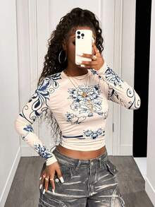 BamGleam Women's Floral Print Round Neck Long Sleeve Cropped Casual T-Shirt