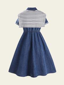 Vestido vaquero de manga corta con cuello de chal a rayas, estilo vintage, para niñas jóvenes de vuelta al colegio en primavera/verano. Adecuado para niñas jóvenes en primavera/verano, vestido elegante de cintura alta y estilo coreano casual para salidas, uso diario, vacaciones.