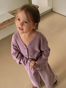 DAZY 2pcs Young Girl Girls Knitted V-Neck Long Sleeve Top + Pants Homewear Set - Purple - View 2