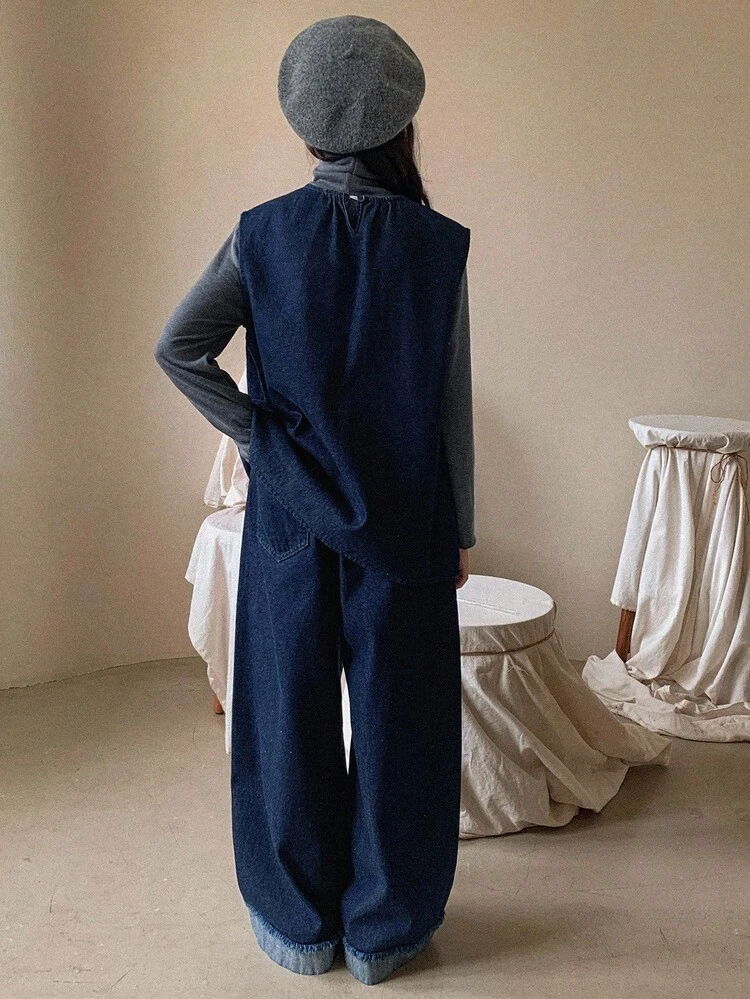 Girls Fashion Bowknot Denim Vest & Pants Set